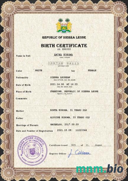 Sierra Leone rekord życiowy narodziny certyfikat PSD szablon